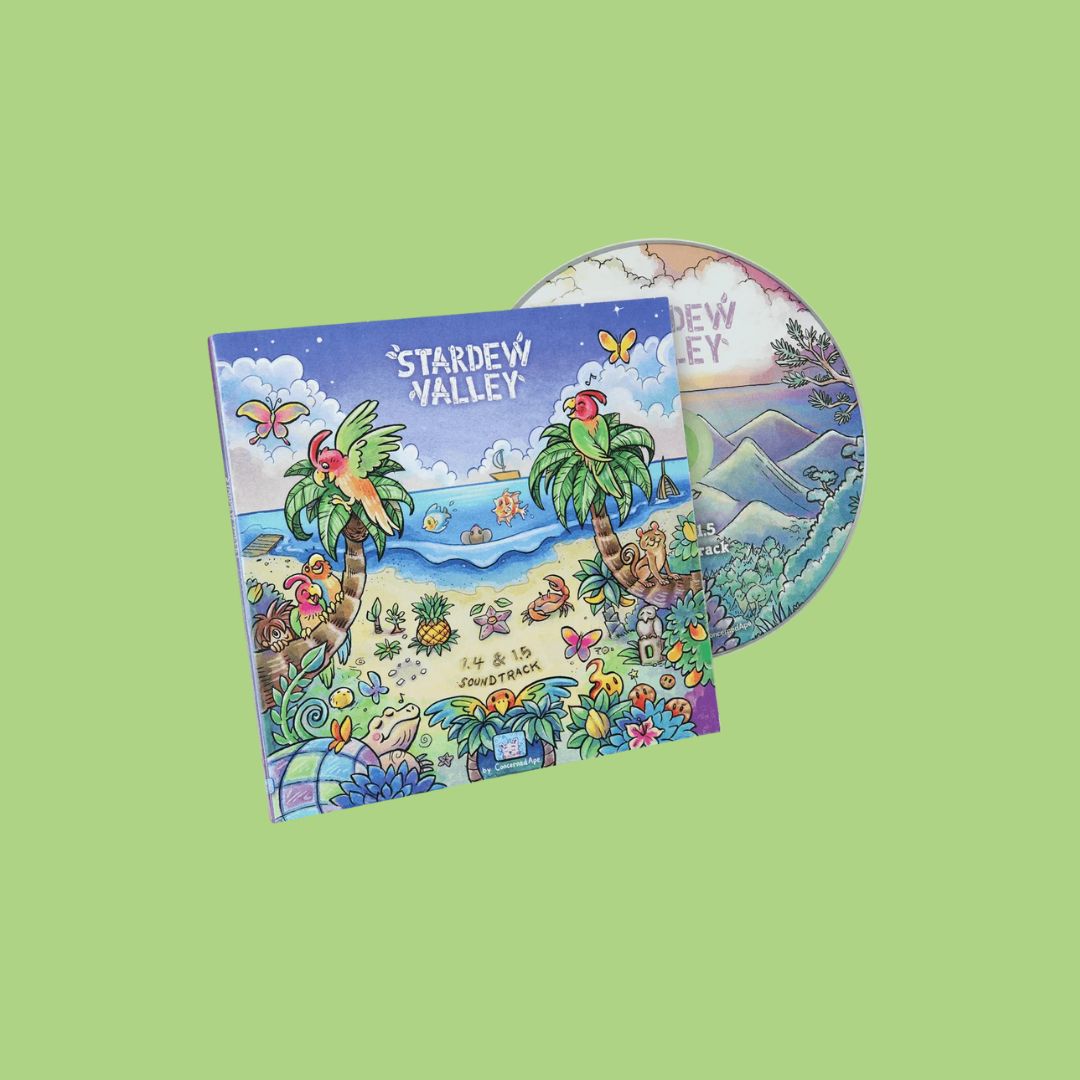 Stardew Valley game case and disc on a green background
