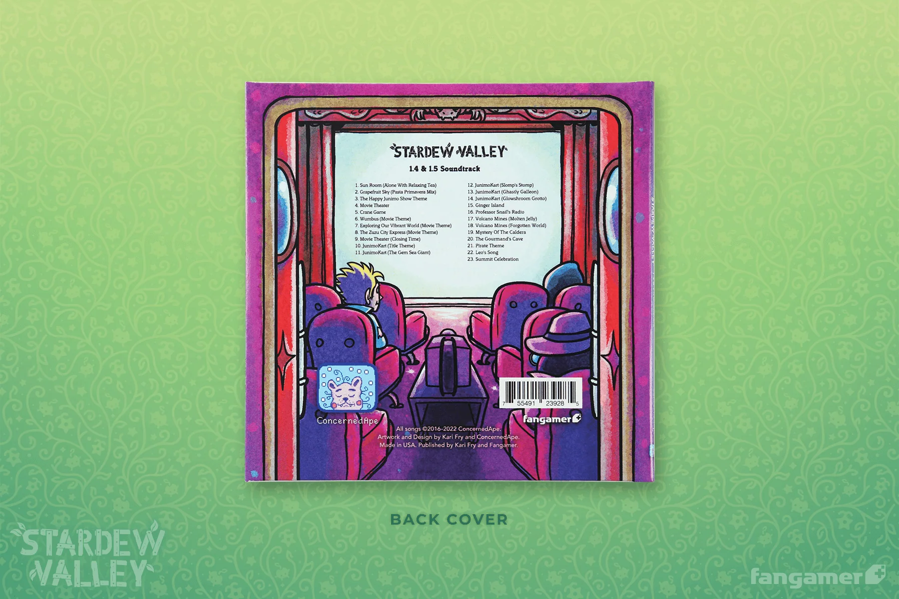 Back cover of a Stardew Valley product packaging with colorful characters and text on a green gradient background.