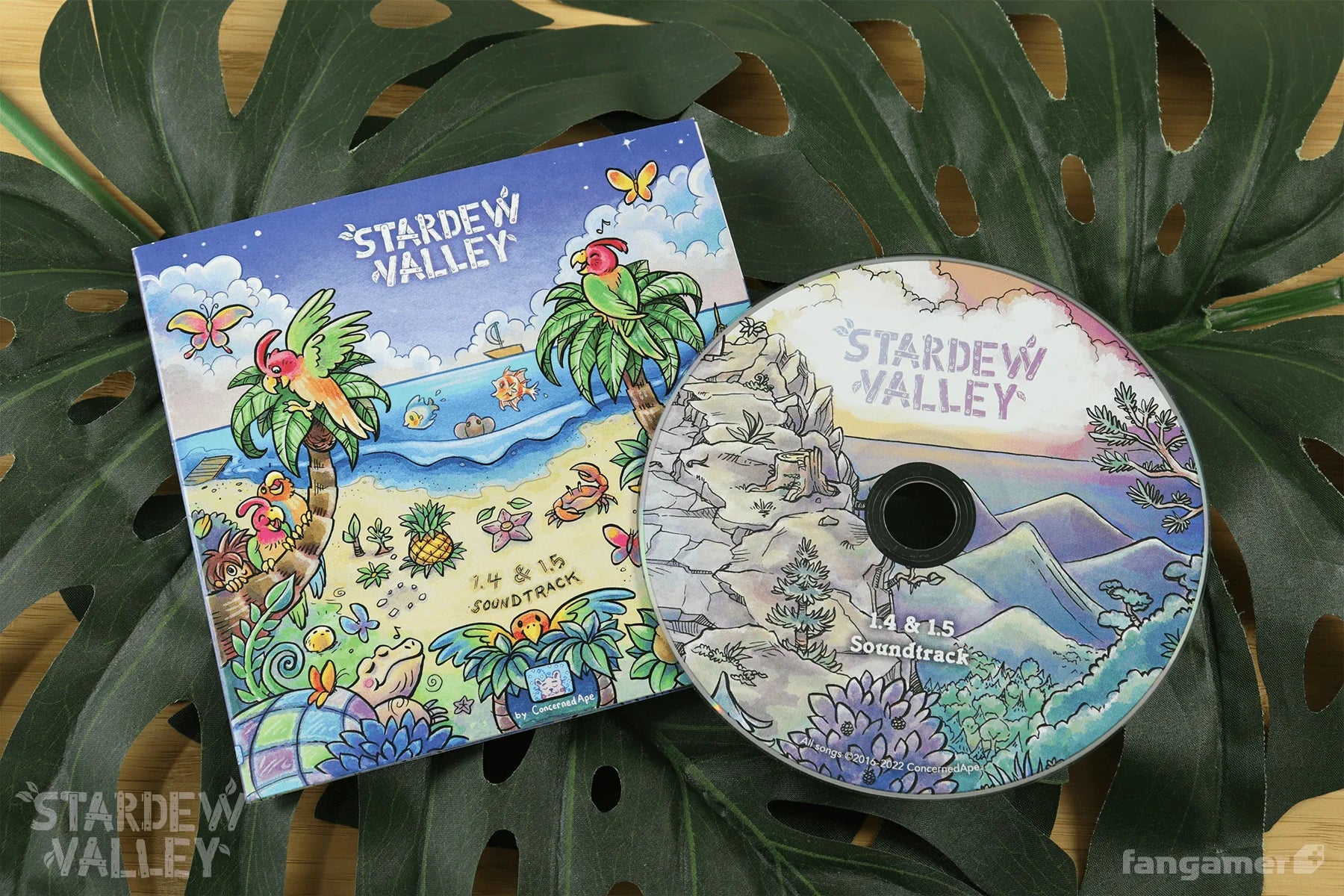 Stardew Valley game case and disc on a leafy background