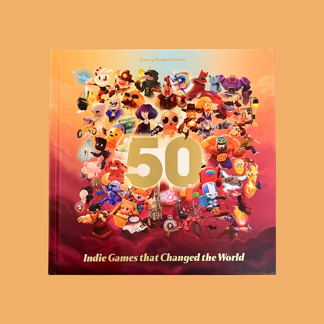 Book cover featuring 50 indie games with a colorful design on an orange background
