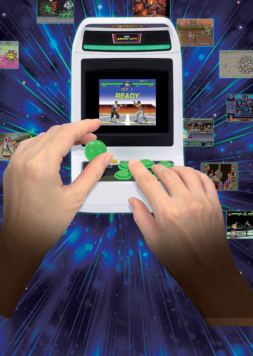 Handheld retro game console with two hands playing a game against a vibrant, retro-themed background.