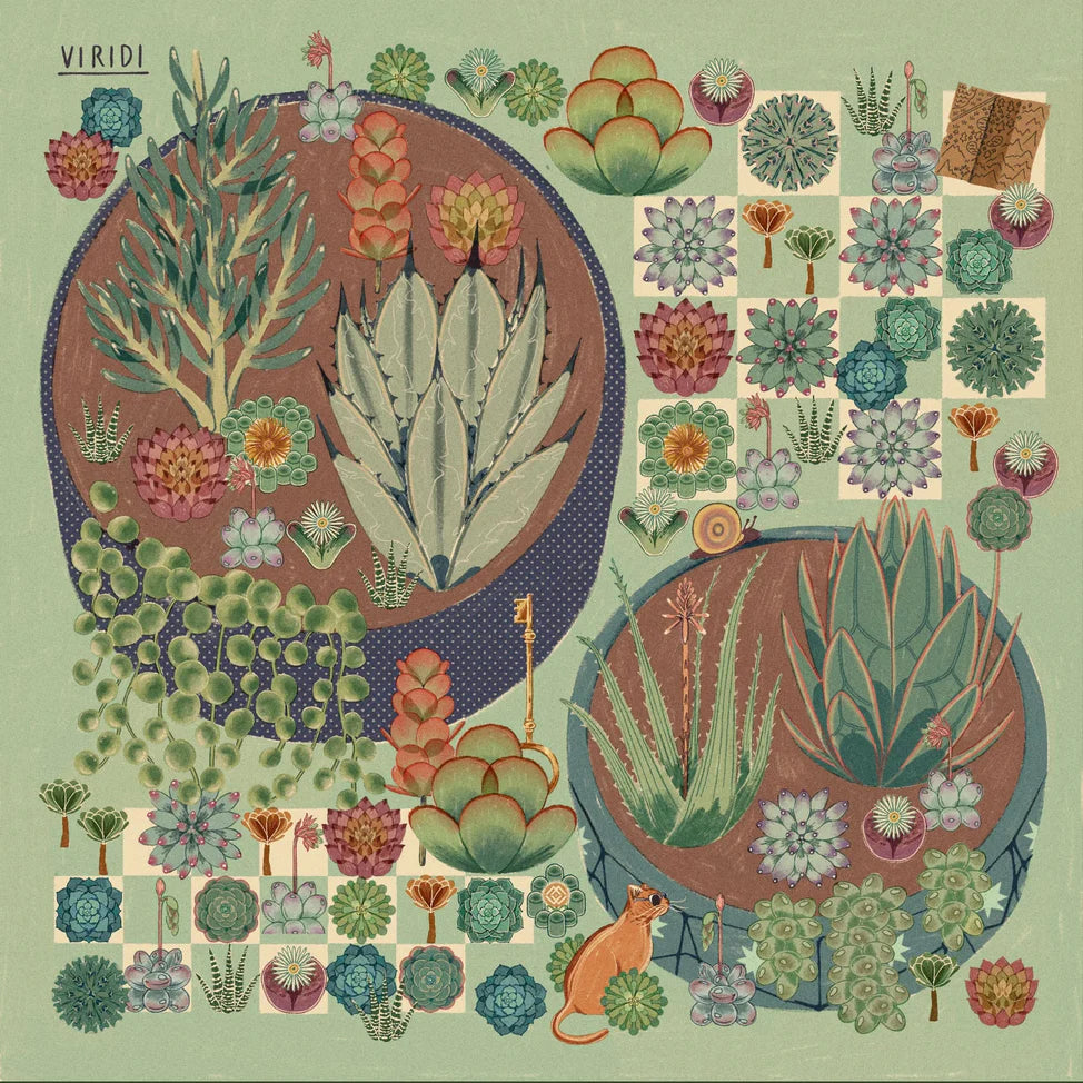 Illustrations of various succulents and plants on a green background with 'Viridi' branding.