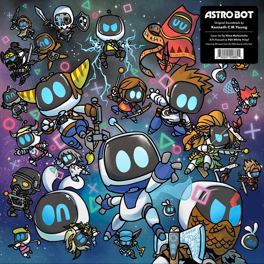 Illustrations of Astro Bot characters on a colorful background with 'Astro Bot' branding.
