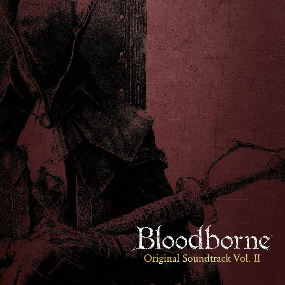 Album cover for 'Bloodborne Original Soundtrack Vol. II' with a dark theme and character holding a bow.