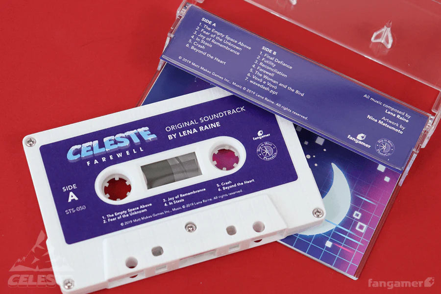 Cassette tape with 'Celeste Farewell' soundtrack on a red background