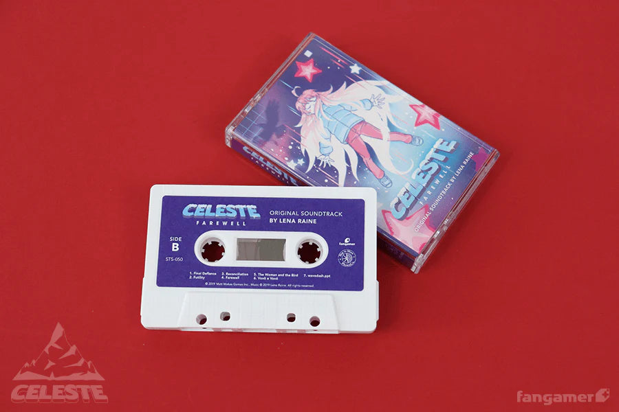 Cassette tape with 'Celeste' soundtrack on a red background