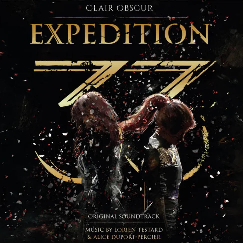 Album cover for 'Expedition 77' by Clair Obscur with two figures and text on a dark background.