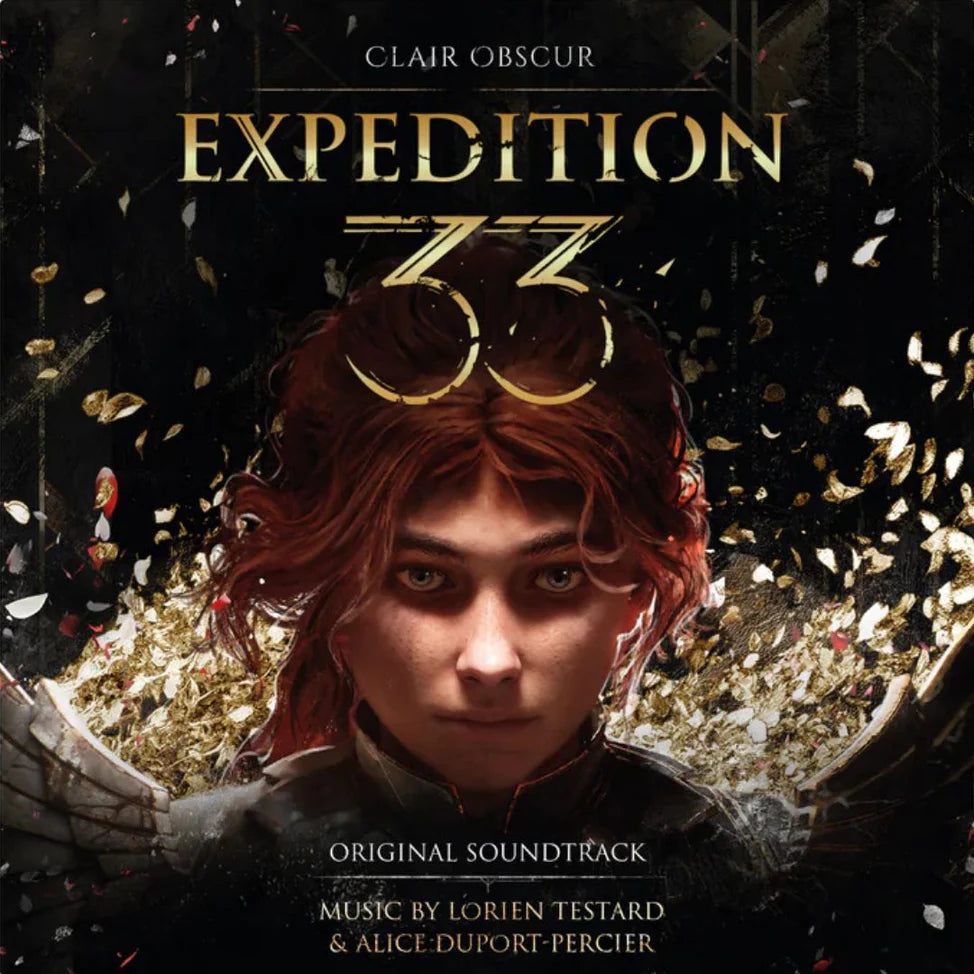 Album cover for 'Expedition 33' with a person with red hair and gold accents.