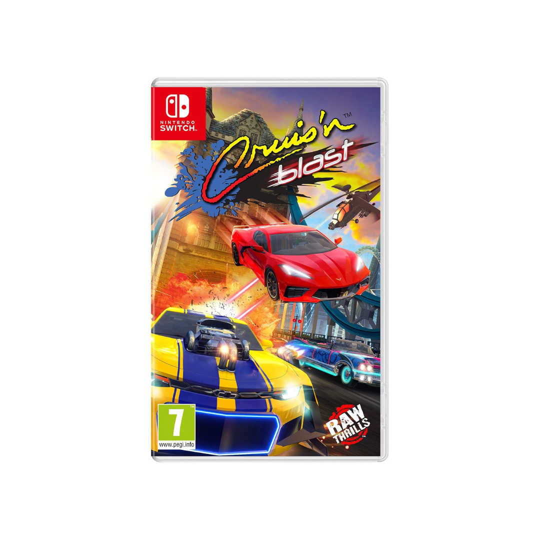 Game box for 'Cruisin' Blast' on Nintendo Switch with racing cars and colorful design.