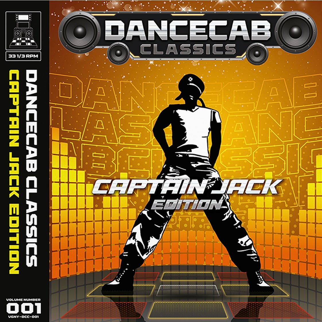 Album cover for 'Captain Jack Edition' from Dancecab Classics, Volume 1. The cover features a stylized black and white silhouette of a dancer against a vibrant orange and yellow background with soundwave patterns and speaker graphics.