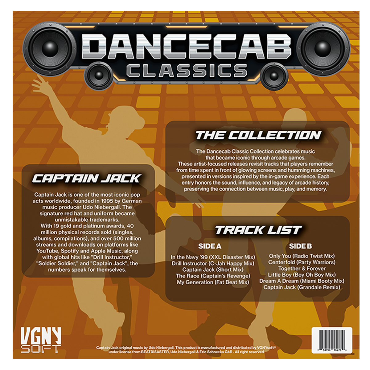 The back cover of a Dance Cab Classics vinyl record sleeve, featuring a dark brown and orange graphic design with speaker graphics at the top, text boxes detailing the collection and track list, and the VGNY SOFT logo at the bottom left.