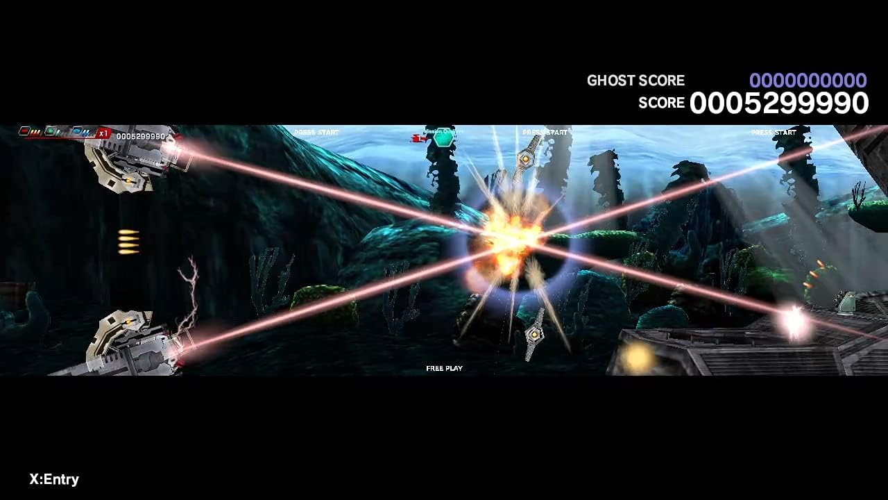 Video game screen showing a space shooter with laser beams and score display.