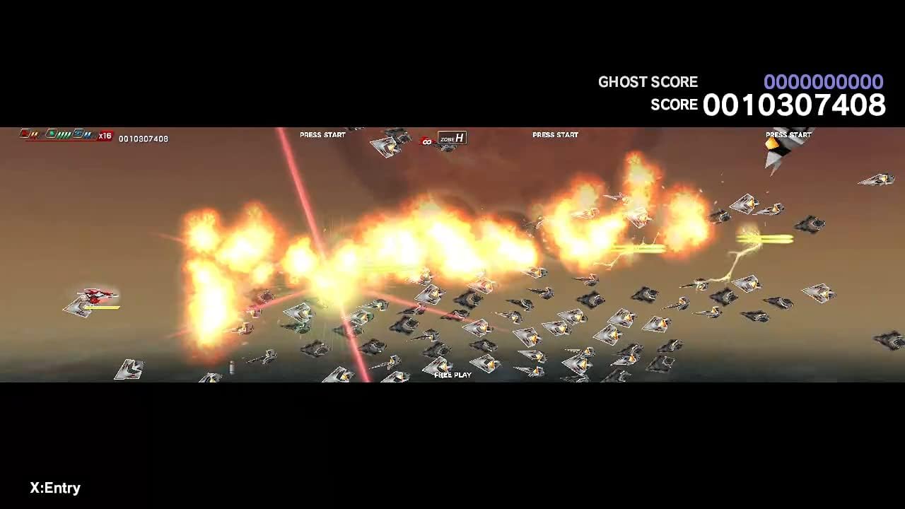 Space shooter game with explosions and score display
