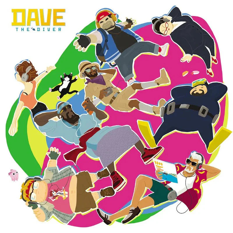 Illustrations of a character in various poses on a colorful background with 'DAVE THE DIVER' text.