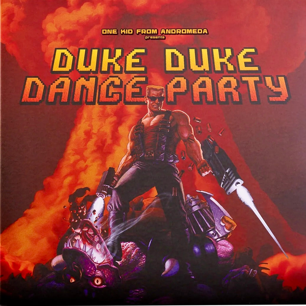 Album cover for 'Duke Duke Dance Party' with a muscular figure and fiery background.