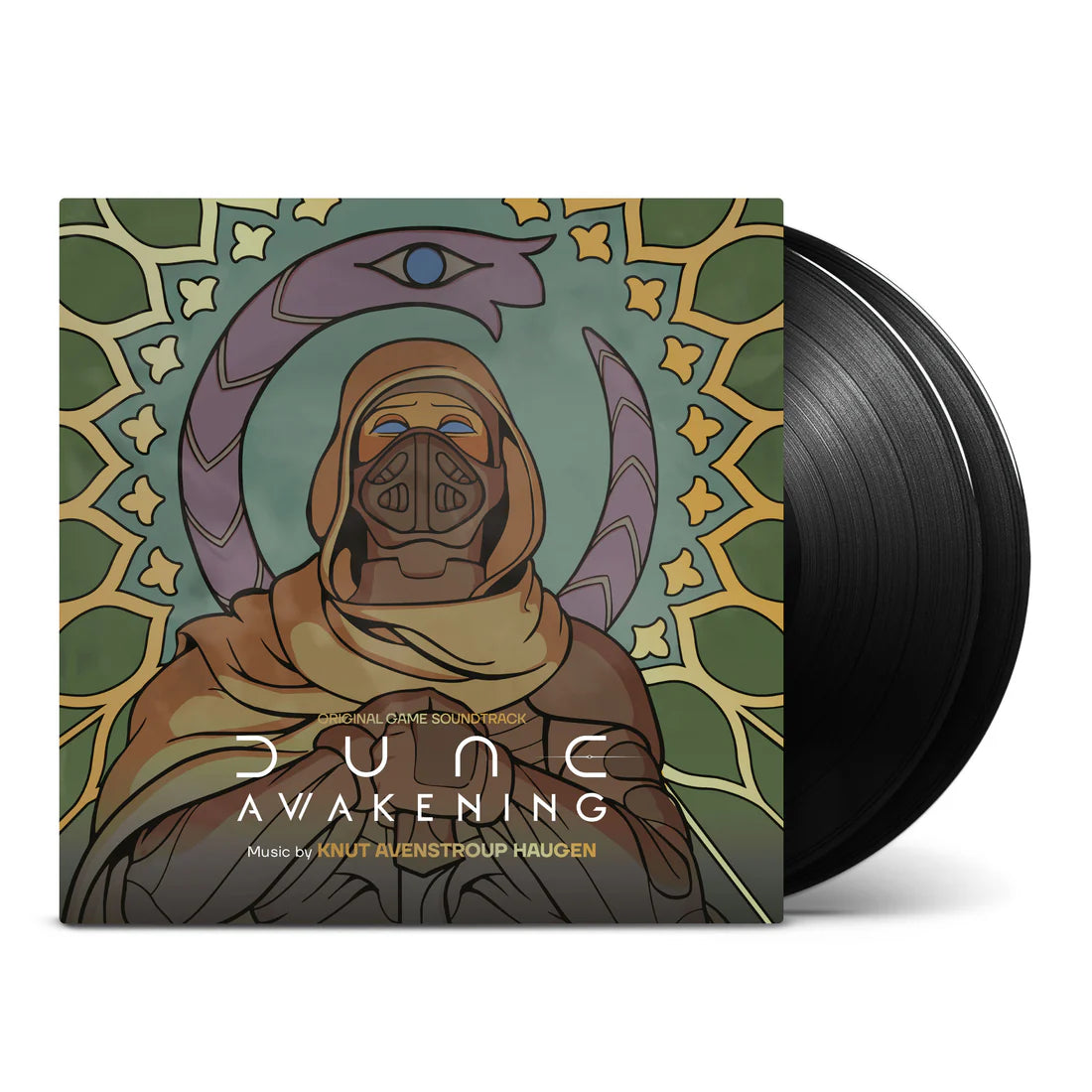 Vinyl record with 'Dune Awakening' cover featuring a character in a hooded robe and helmet.