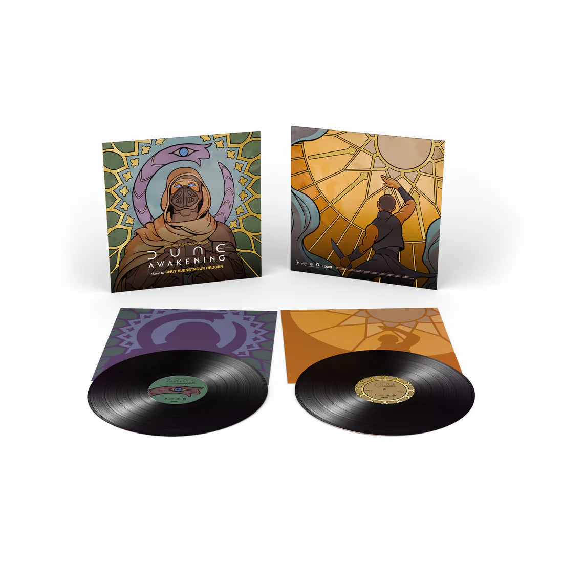 Vinyl records with colorful covers on a white background