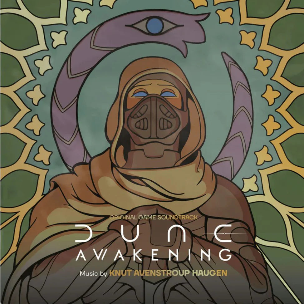 Album cover for 'Dune Awakening' with a hooded figure and decorative elements.