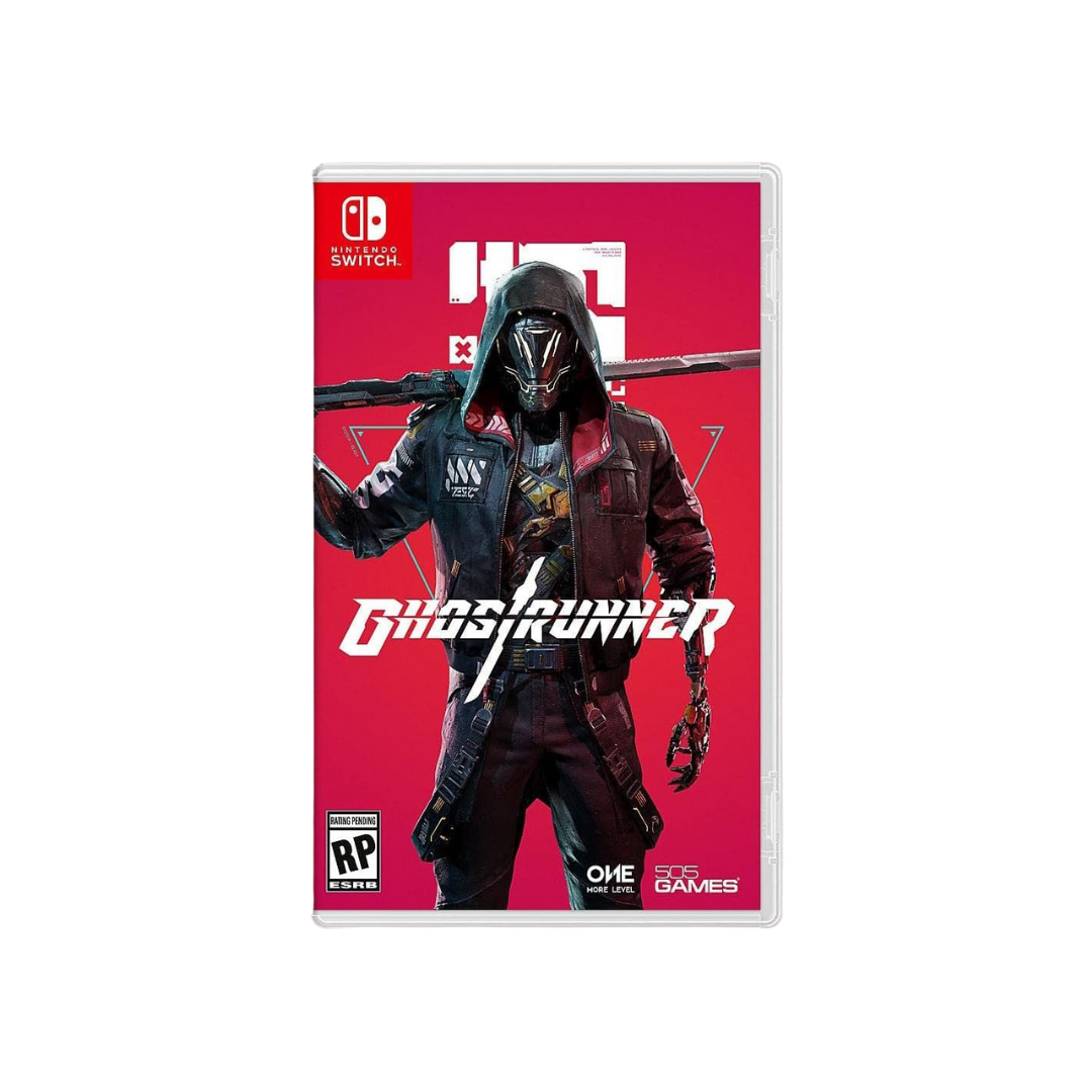 Game case for 'Ghostrunner' on Nintendo Switch with a character in a hooded outfit on a red background.