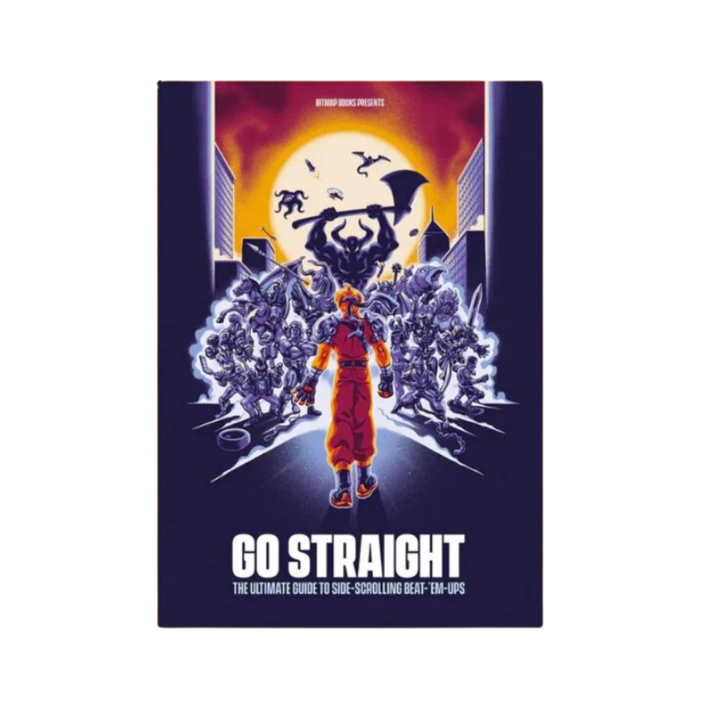 A book cover for 'Go Straight: The Ultimate Guide to Side-Scrolling Beaf-Em-Ups' by Yoshitaka Amano, featuring a retro anime-style illustration of a character in an orange jumpsuit walking forward toward a giant monster under a full moon.