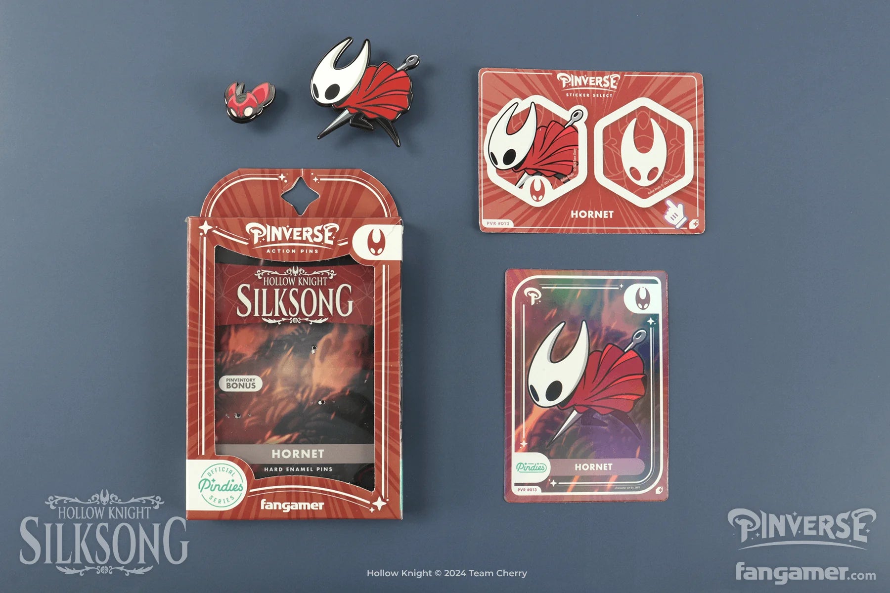 Fangamer product packaging featuring 'Silksong' and 'Hornet' with game cards on a dark blue background.