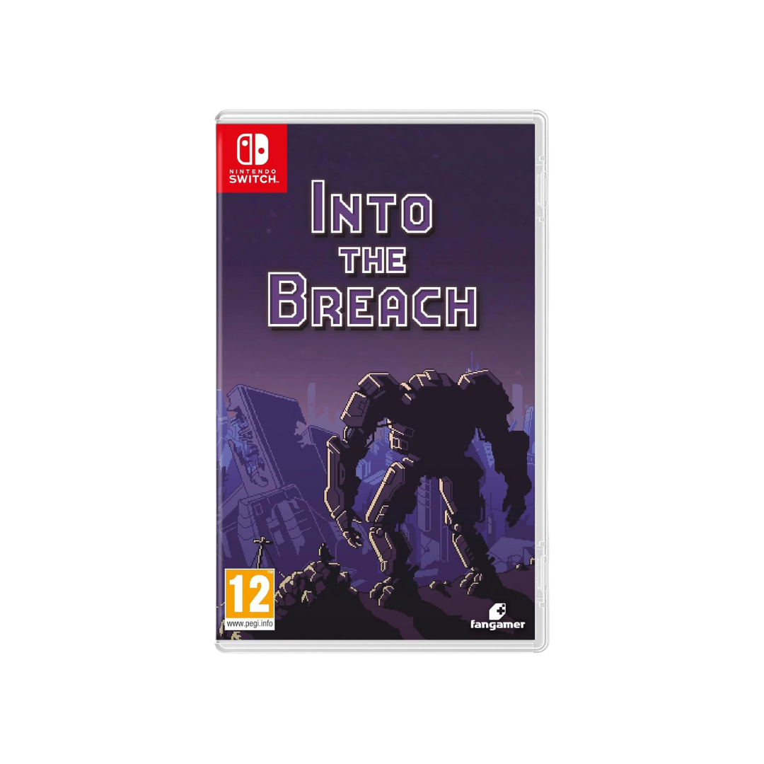 Game case for 'Into the Breach' on Nintendo Switch with robot illustration on a purple background