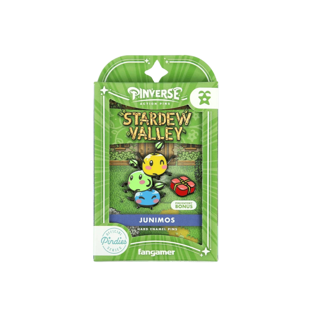 Packaged product of 'Stardew Valley' Junimos pins with green background
