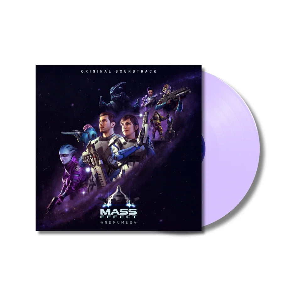 Vinyl record with 'Mass Effect Andromeda' cover featuring characters and text.