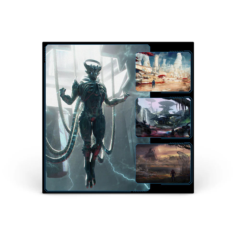 Futuristic alien figure with additional images of a sci-fi landscape on a white background