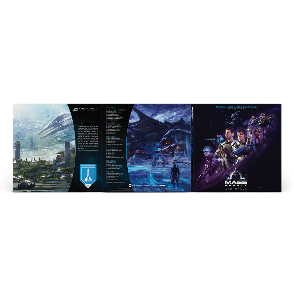 Mass Effect game packaging with character images and scenes on a white background