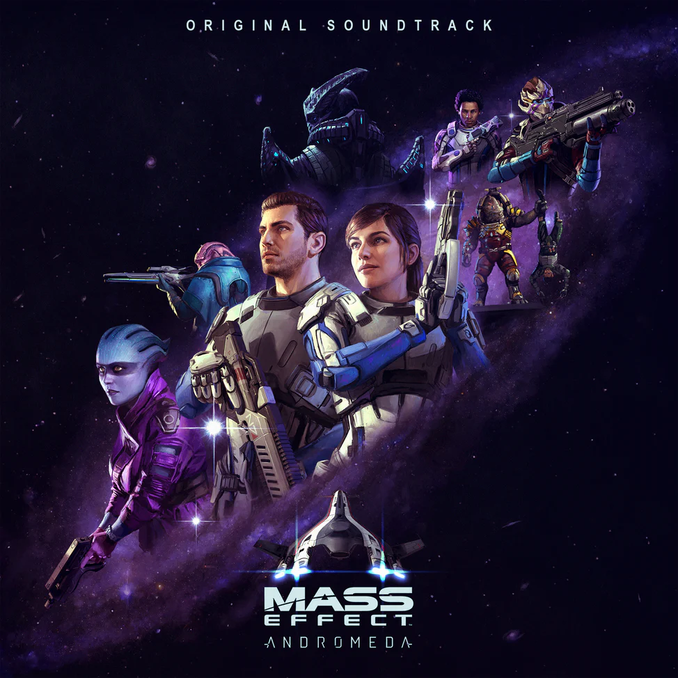 Cover of 'Mass Effect Andromeda' original soundtrack featuring characters and alien creatures against a space-themed background.