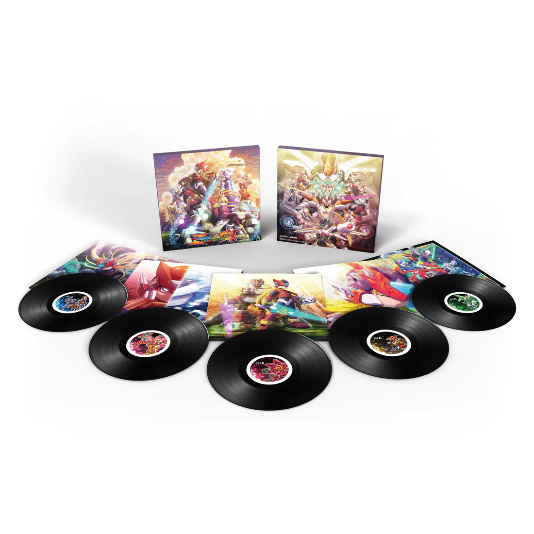 Vinyl record set with colorful packaging on a white background