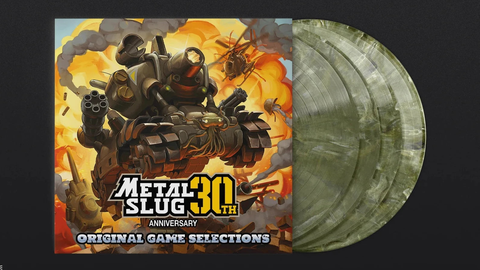 Metal Slug vinyl record with cover featuring a tank and flames on a black background