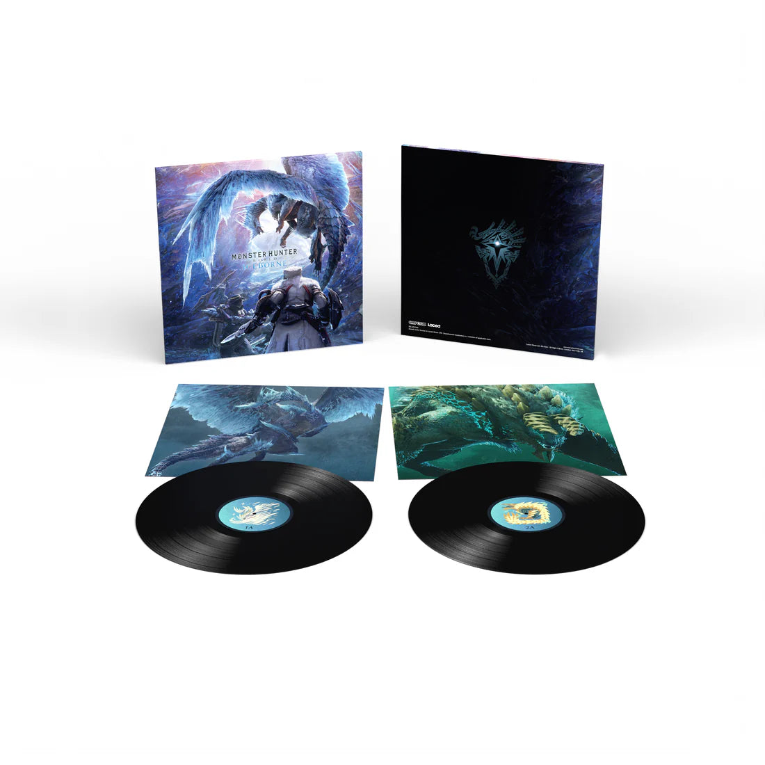 Vinyl record set with cover art and artwork on a white background