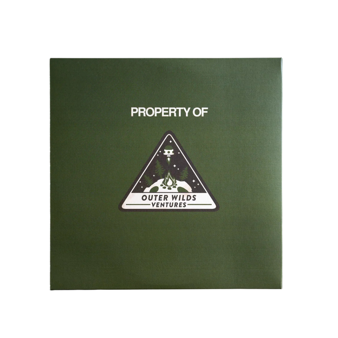 Green book with 'Property of Outer Wilds Ventures' logo on a white background