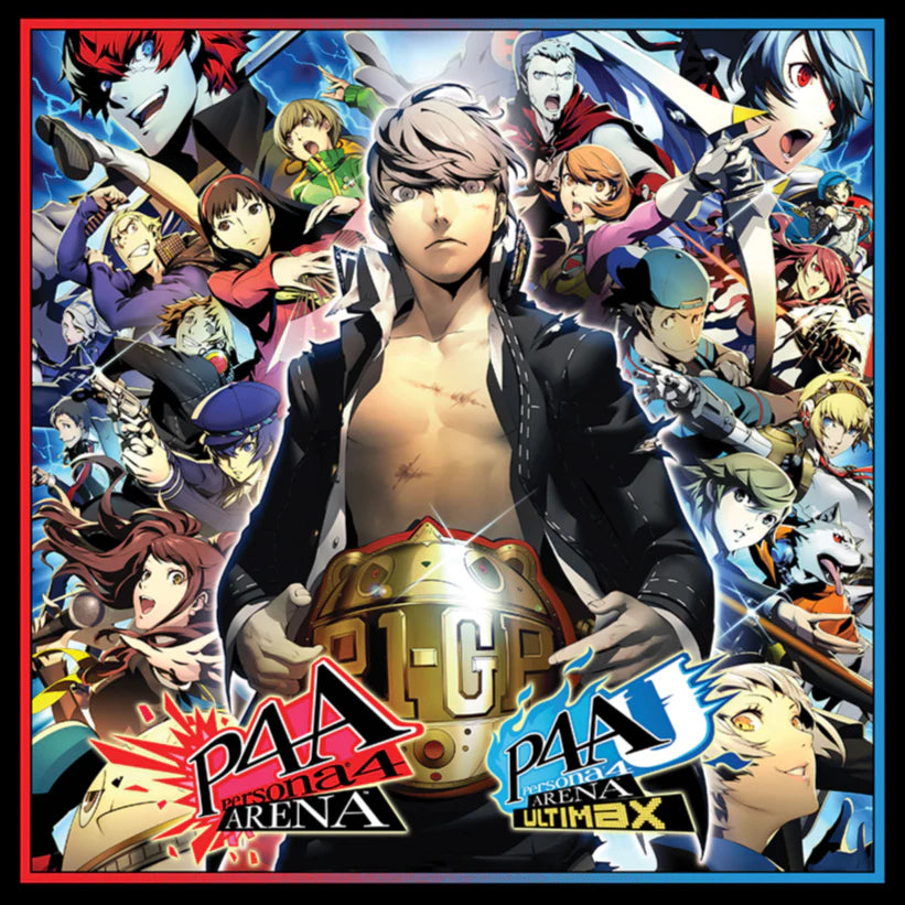 Cover art for Persona 4 Arena & Persona 4 Arena Ultimax 3xLP vinyl records featuring animated characters from the Persona series in a vibrant, action-oriented design.