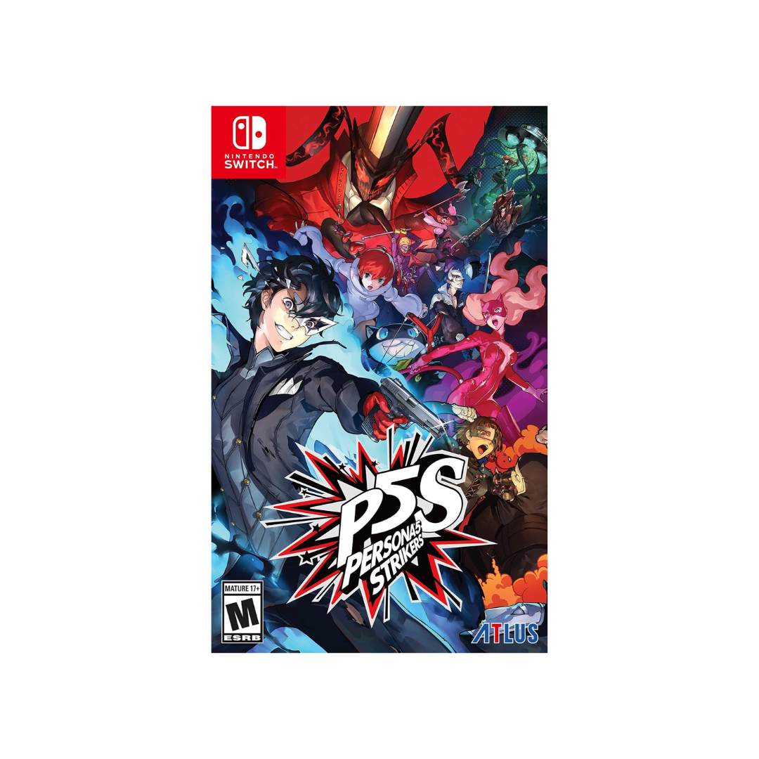 Video game case for 'Persona 5 Strikers' on Nintendo Switch with colorful artwork and branding.
