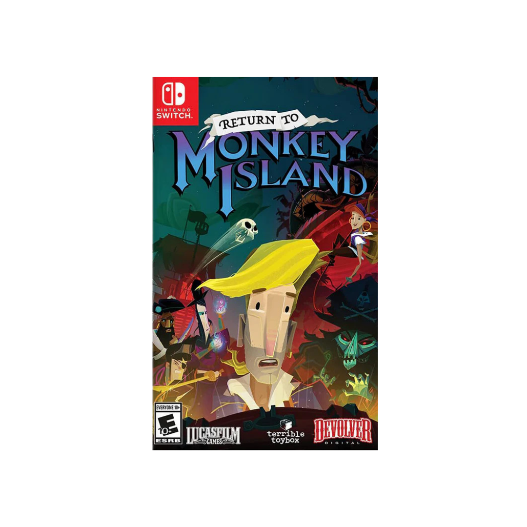 Video game cover for 'Return to Monkey Island' on Nintendo Switch with colorful graphics and character illustration.