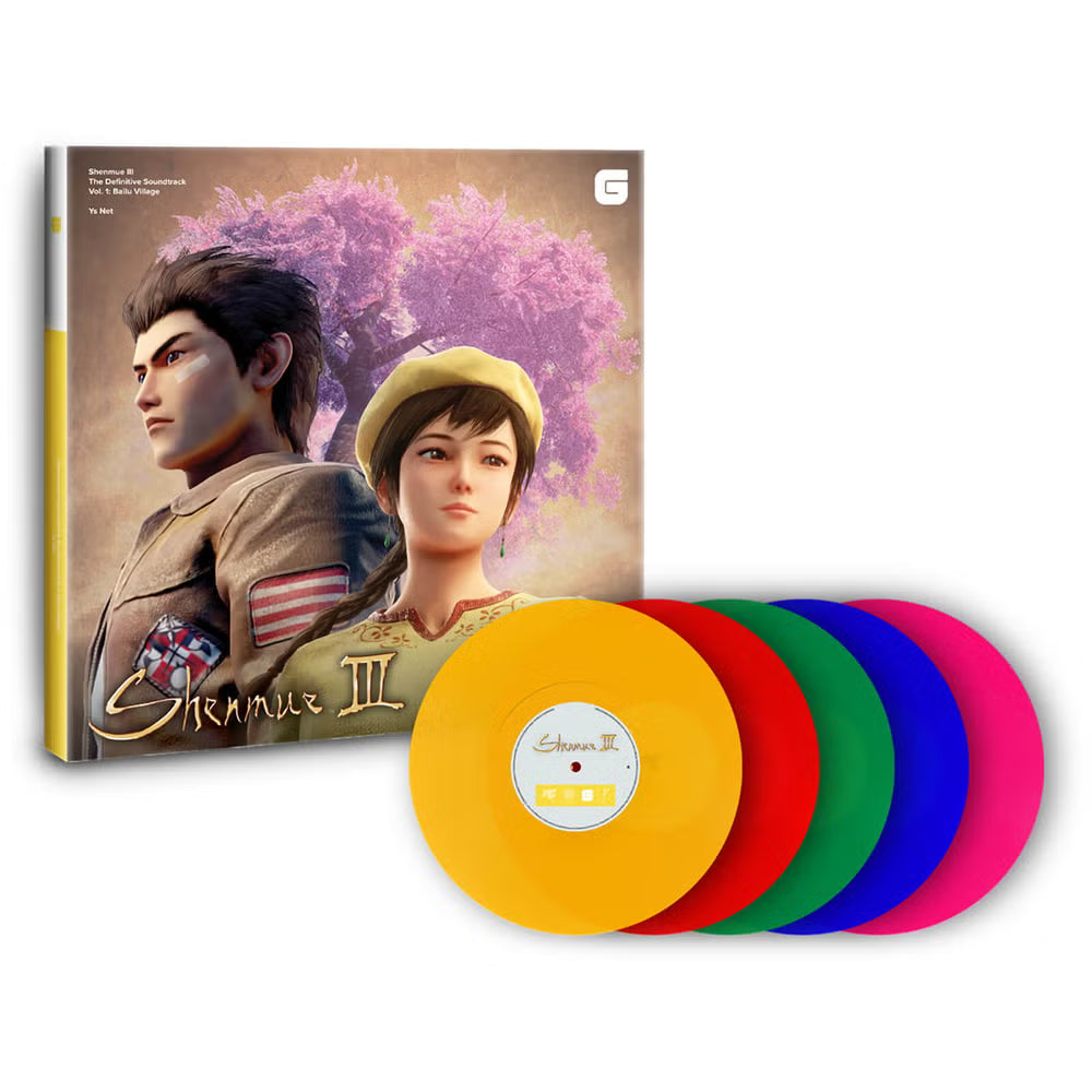 Shenmue III vinyl record album with illustrated cover art and four colored records in yellow, red, green, and pink displayed on a white background.