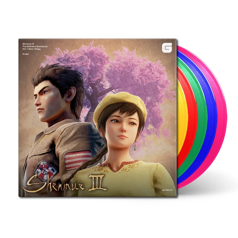 Vinyl record set with 'Shenmue III' cover featuring two characters and colorful vinyl discs.