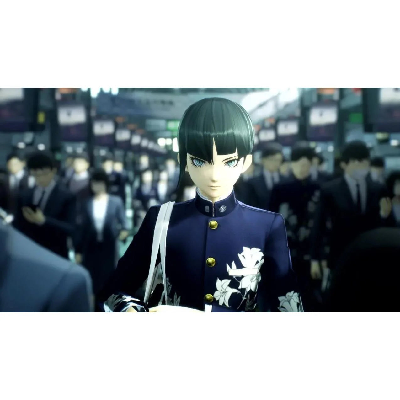 Anime character in a formal outfit with a blurred background of people in suits.