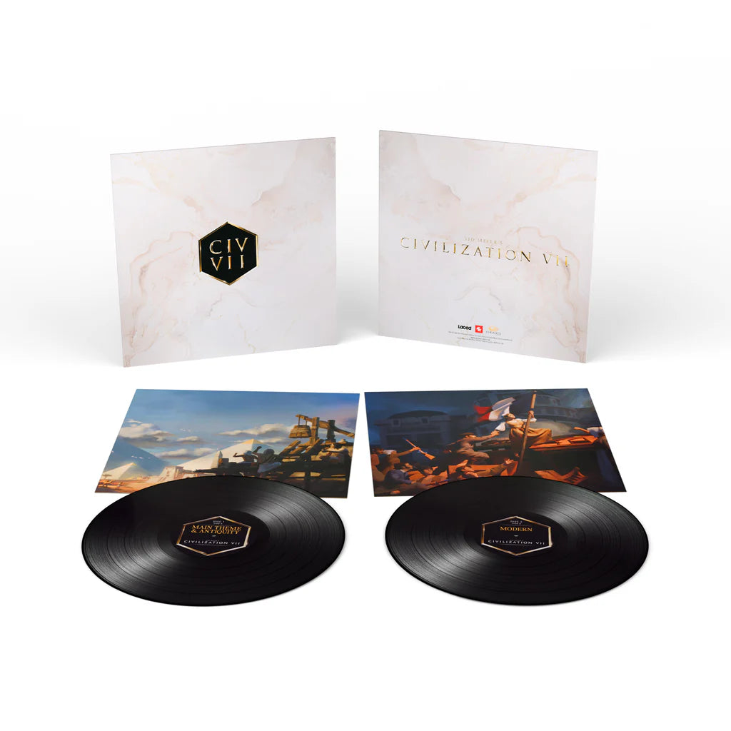 Vinyl record set with 'Civilization VII' branding on a white background