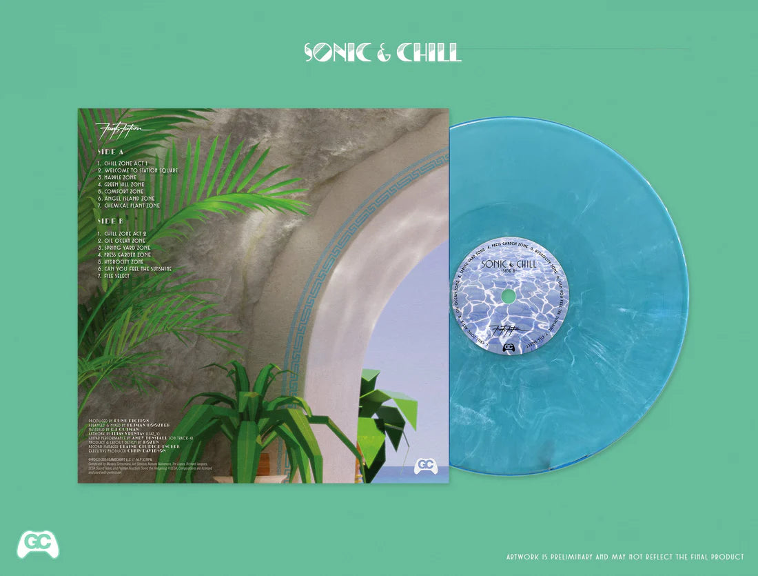 Vinyl record with a green plant-themed cover on a teal background