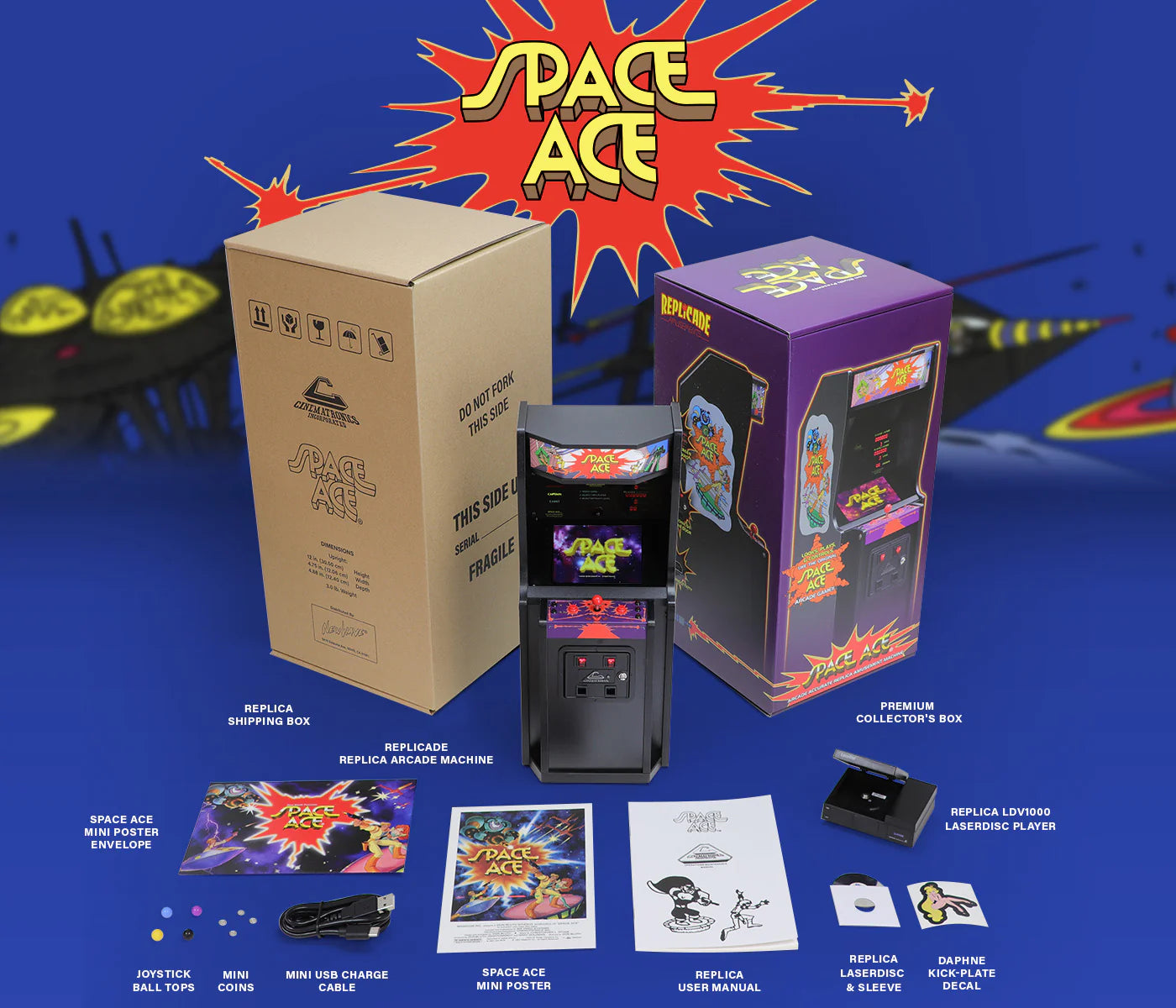 Space Ace arcade machine and packaging on a blue background with 'Space Ace' branding.