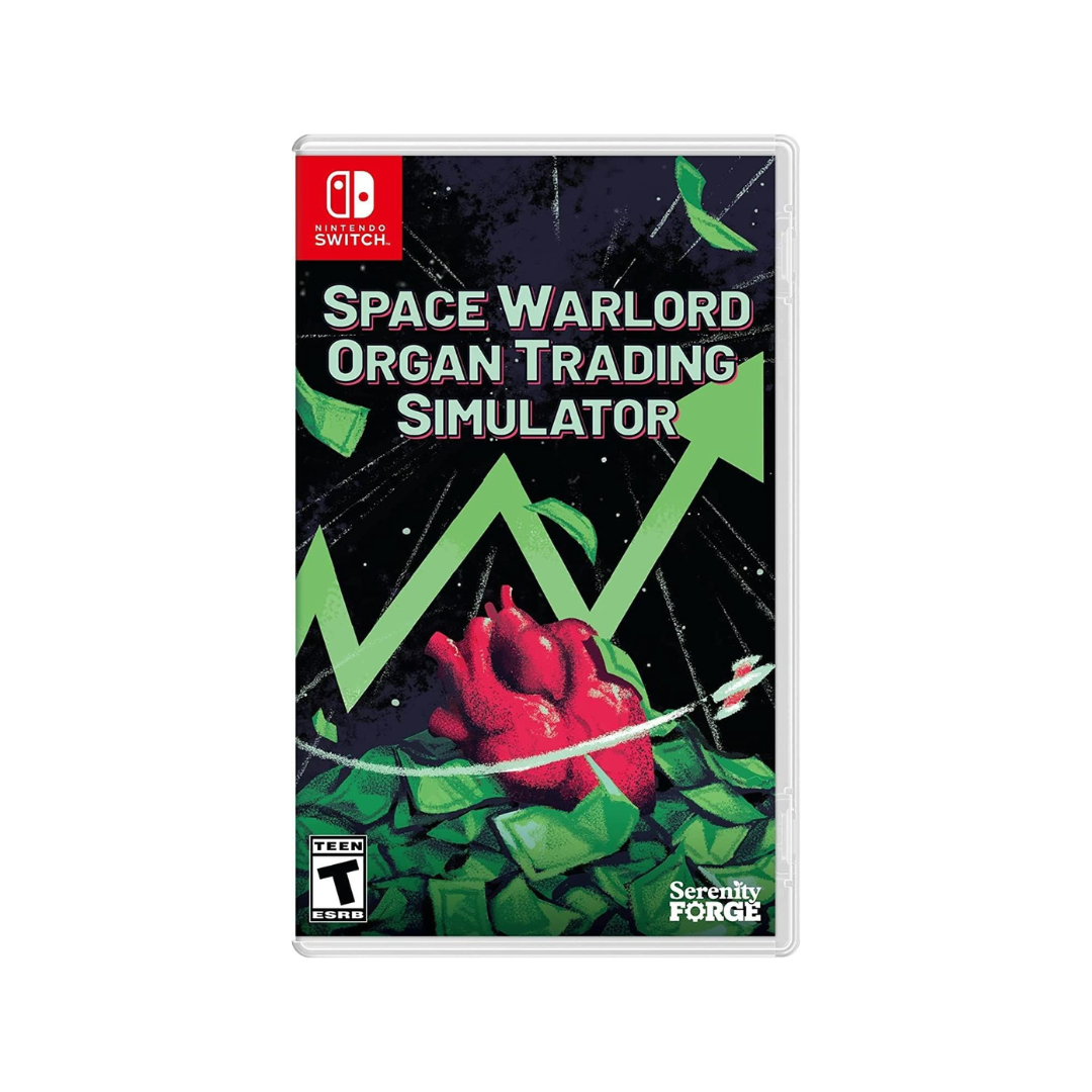 Game case for 'Space Warlord Organ Trading Simulator' on Nintendo Switch with red and green design.
