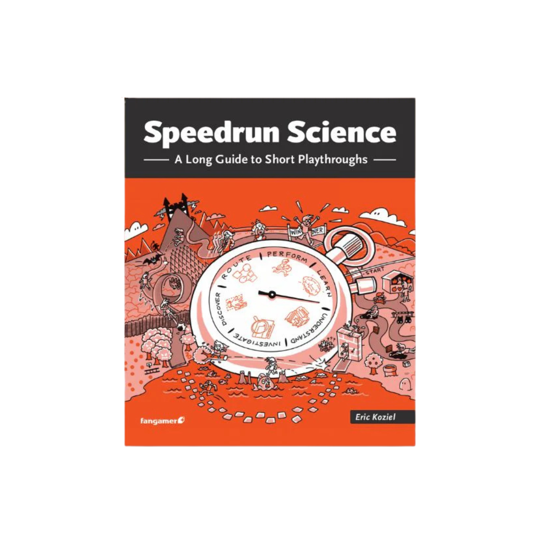 Book cover of 'Speedrun Science' with a clock illustration on an orange background