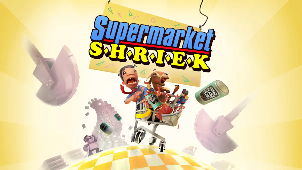 Promotional graphic for 'Supermarket Shriek' with cartoon characters and objects on a yellow background.