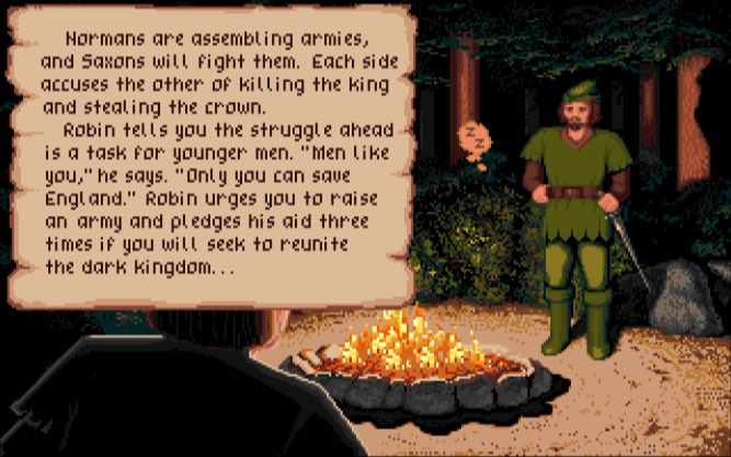 Character in green costume by a campfire with text overlay in a forest setting