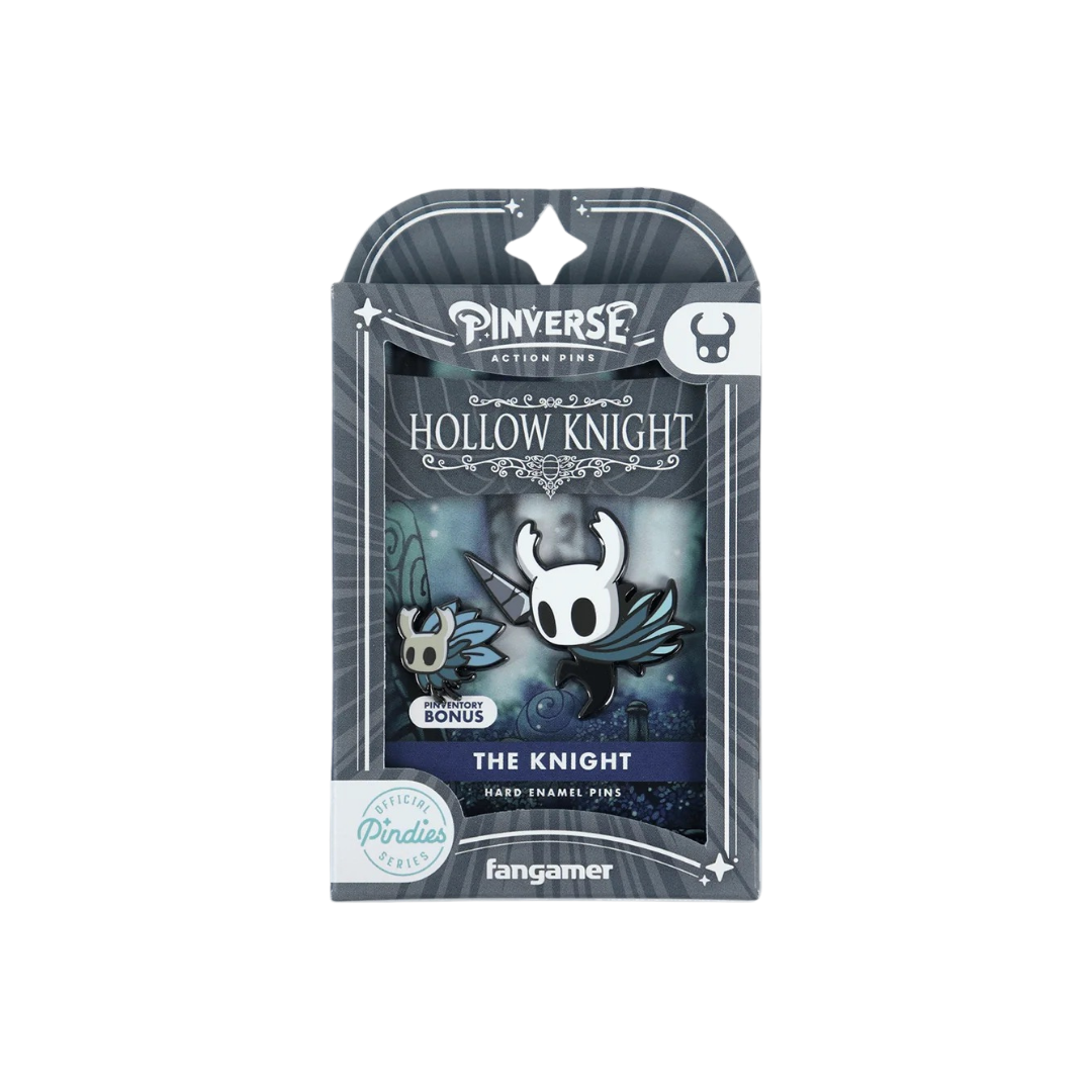 Packaged Pinverse Hollow Knight pin with 'The Knight' design on a white background