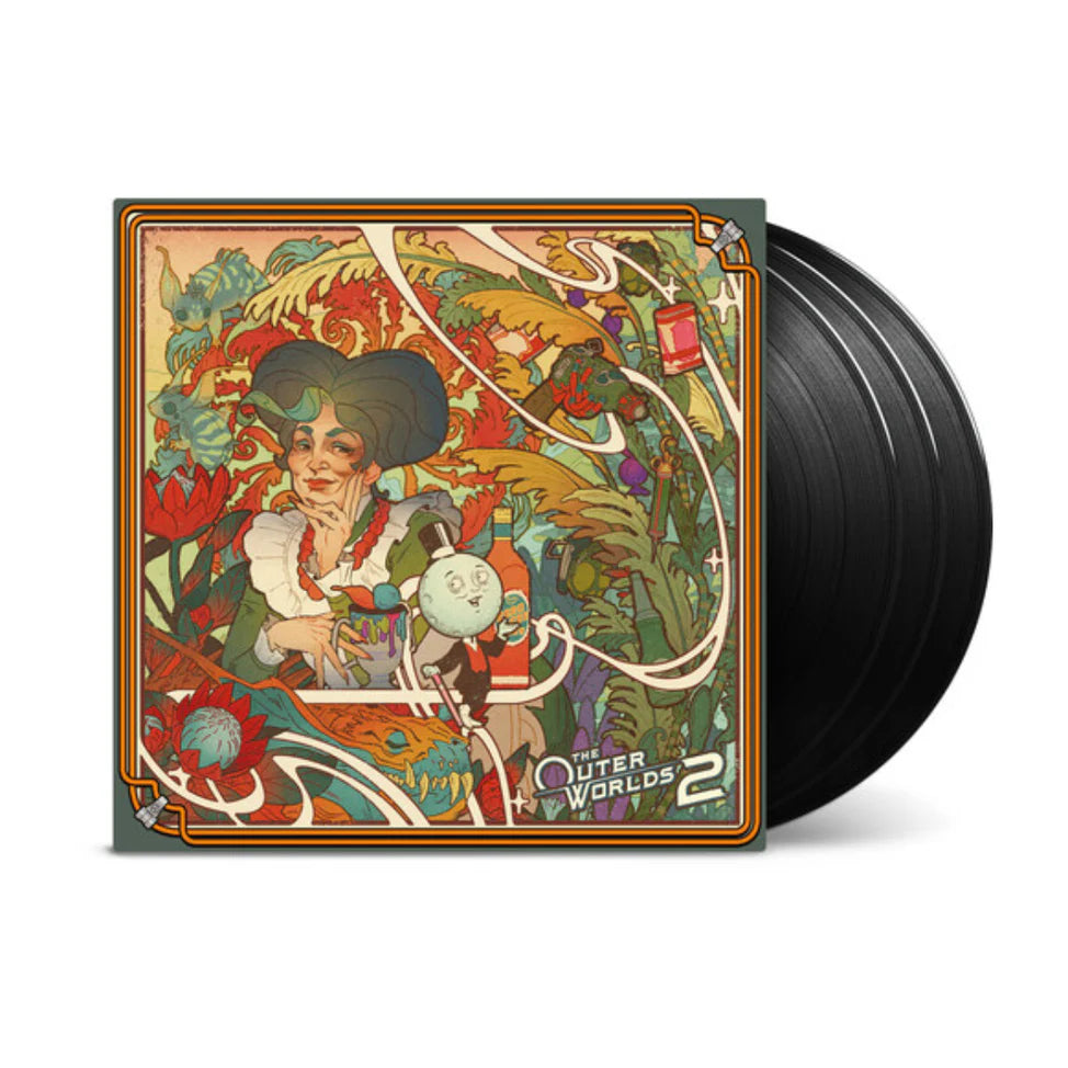 Vinyl record with a colorful cover featuring a character and decorative elements on a white background.
